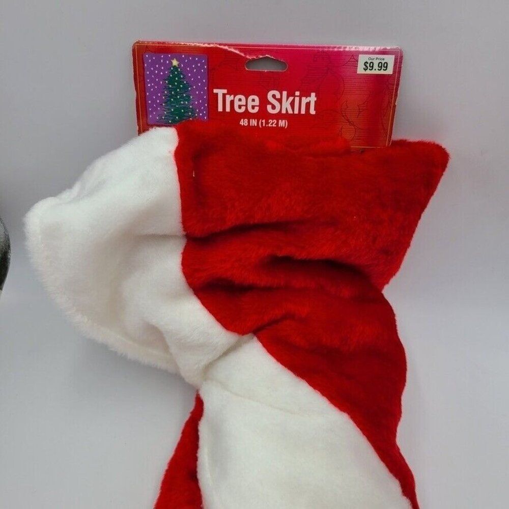 Vintage Christmas Tree Skirt Red White Trim Round Circle Plush Santa 48" New
